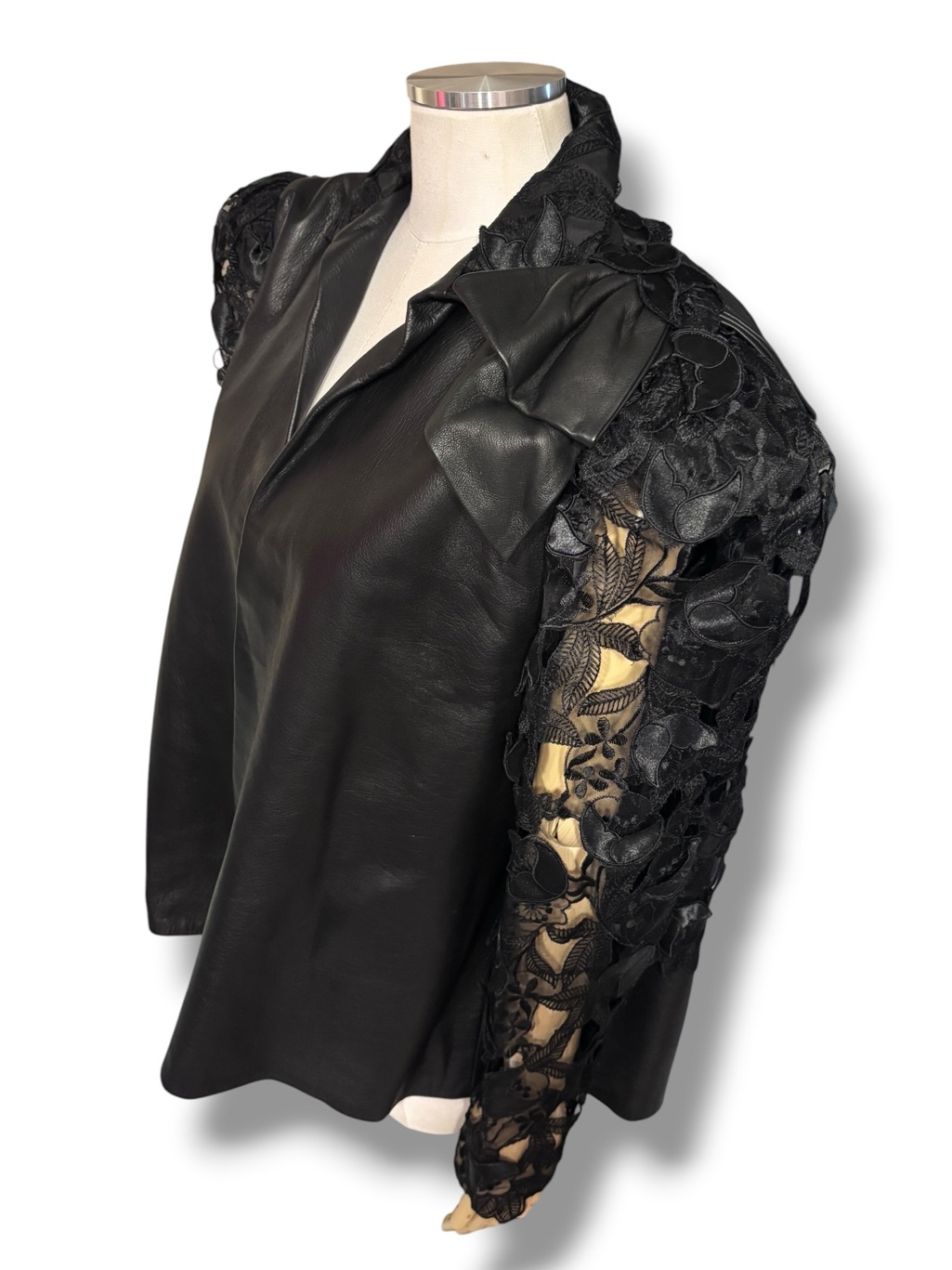 Vintage Black Leather & Lace Punk Soft Goth Open Front Blazer Asymmetrical Bow
